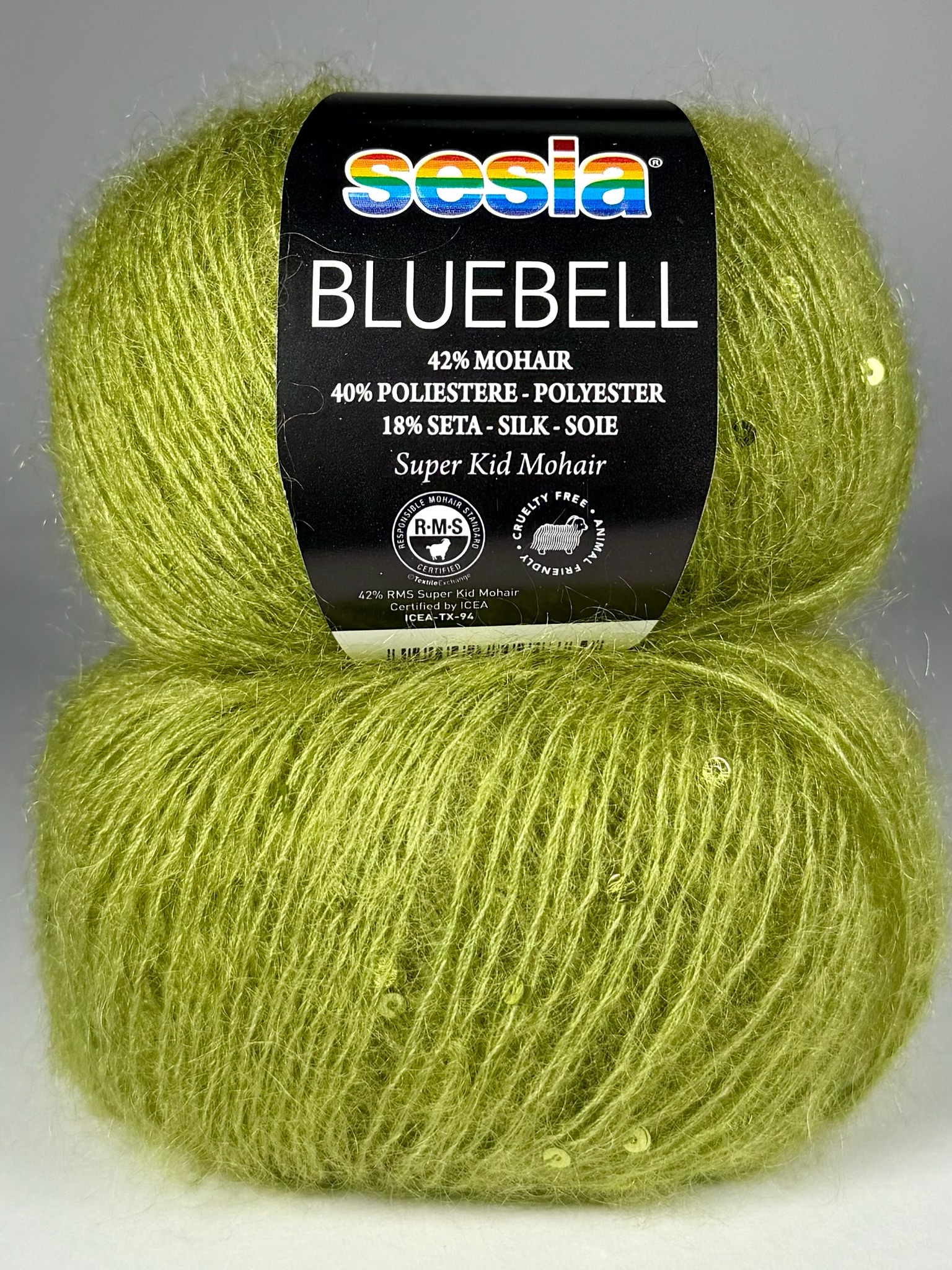 Sesia Bluebell Mohairgarn mit Pailletten Frischoliv 1820